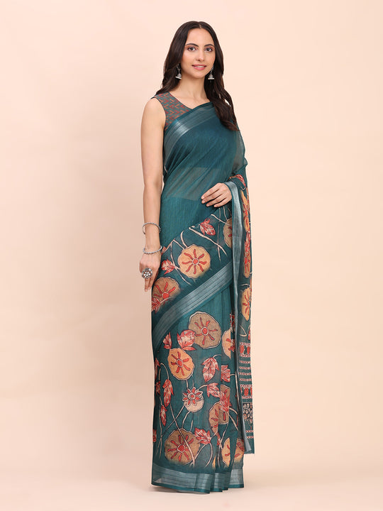 Teal Blue COTTON CRUSH Linen Cotton Saree with Blouse Piece