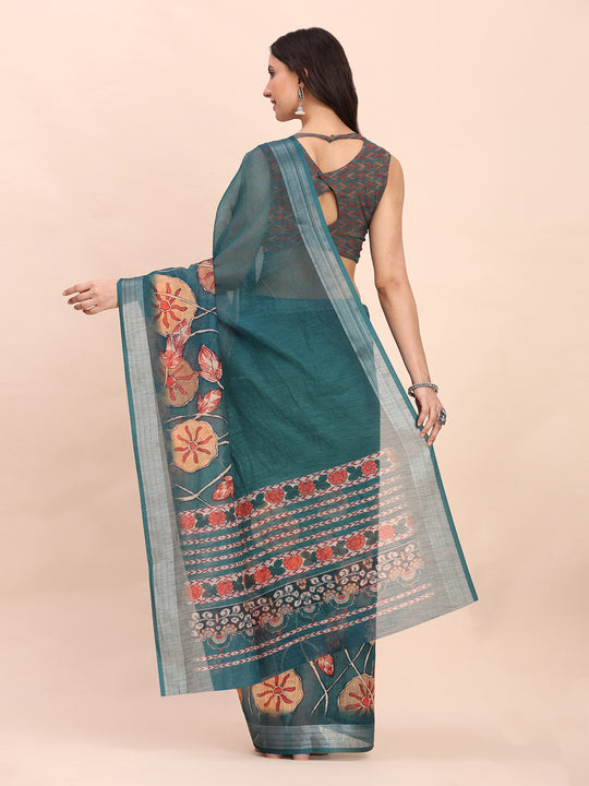 Teal Blue COTTON CRUSH Linen Cotton Saree with Blouse Piece