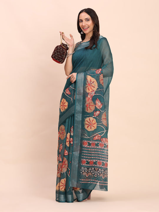 Teal Blue COTTON CRUSH Linen Cotton Saree with Blouse Piece