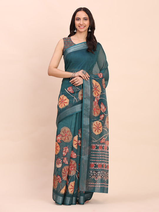 Teal Blue COTTON CRUSH Linen Cotton Saree with Blouse Piece