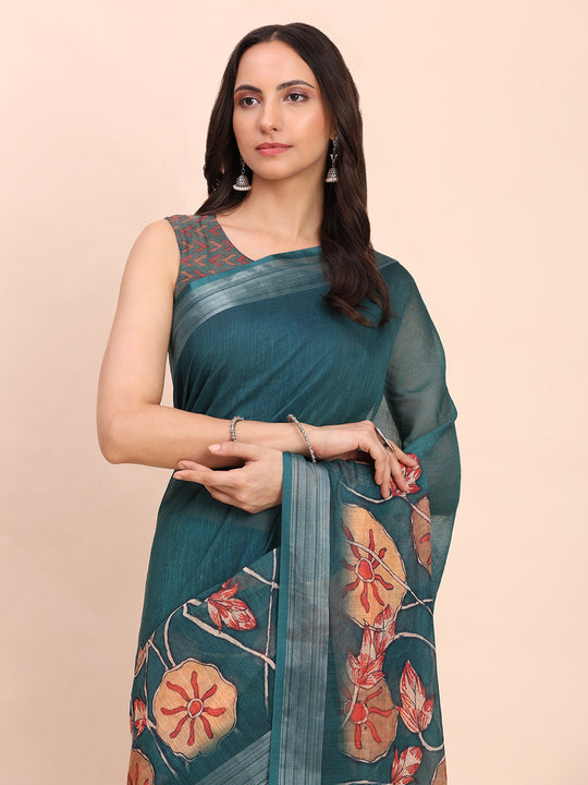 Teal Blue COTTON CRUSH Linen Cotton Saree with Blouse Piece