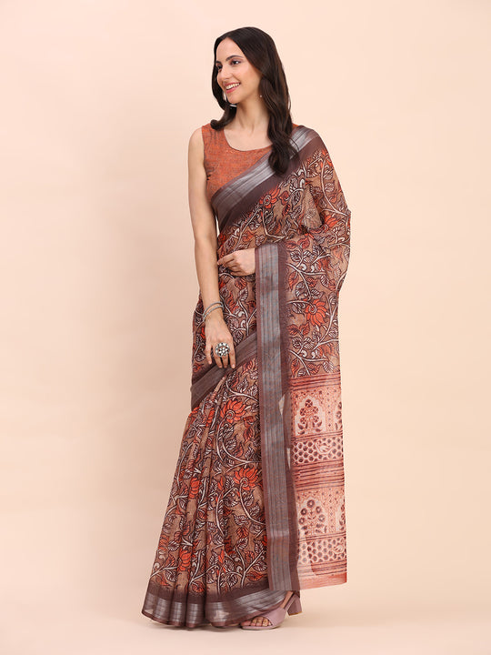 Brown COTTON CRUSH Linen Cotton Saree with Blouse Piece