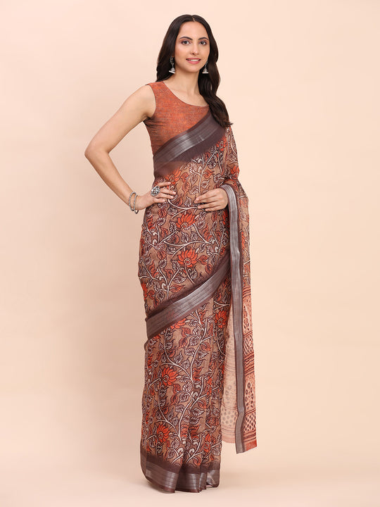 Brown COTTON CRUSH Linen Cotton Saree with Blouse Piece