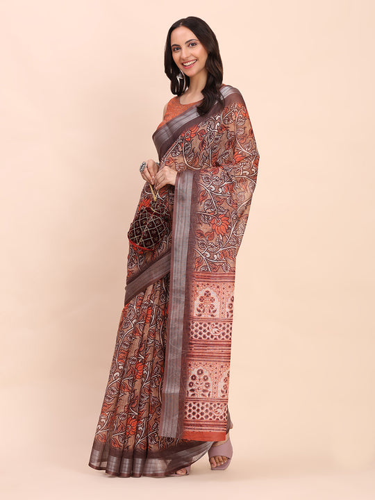 Brown COTTON CRUSH Linen Cotton Saree with Blouse Piece