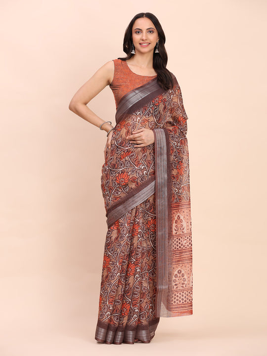 Brown COTTON CRUSH Linen Cotton Saree with Blouse Piece