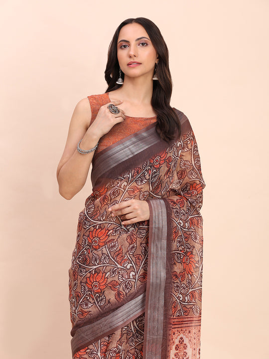 Brown COTTON CRUSH Linen Cotton Saree with Blouse Piece