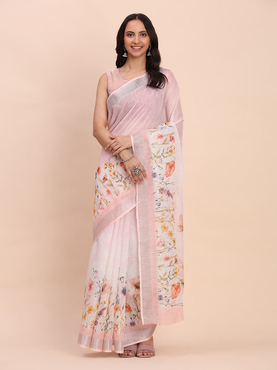 Light Pink COTTON CRUSH Linen Cotton Saree with Blouse Piece