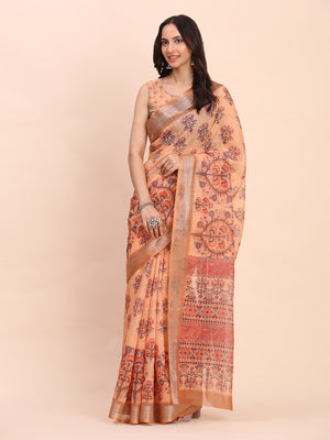 Orange COTTON CRUSH Linen Cotton Saree with Blouse Piece