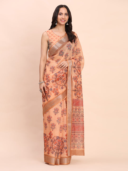 Orange COTTON CRUSH Linen Cotton Saree with Blouse Piece