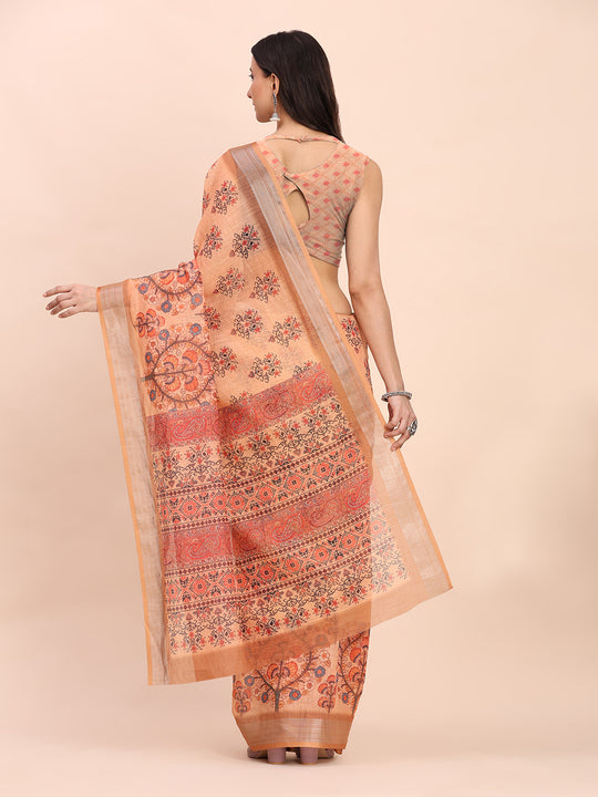 Orange COTTON CRUSH Linen Cotton Saree with Blouse Piece