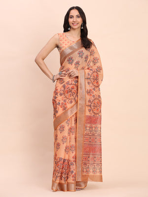 Orange COTTON CRUSH Linen Cotton Saree with Blouse Piece