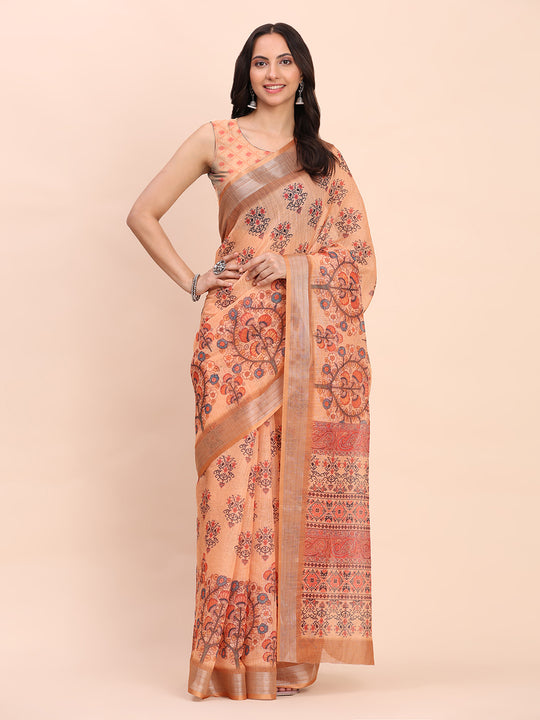 Orange COTTON CRUSH Linen Cotton Saree with Blouse Piece