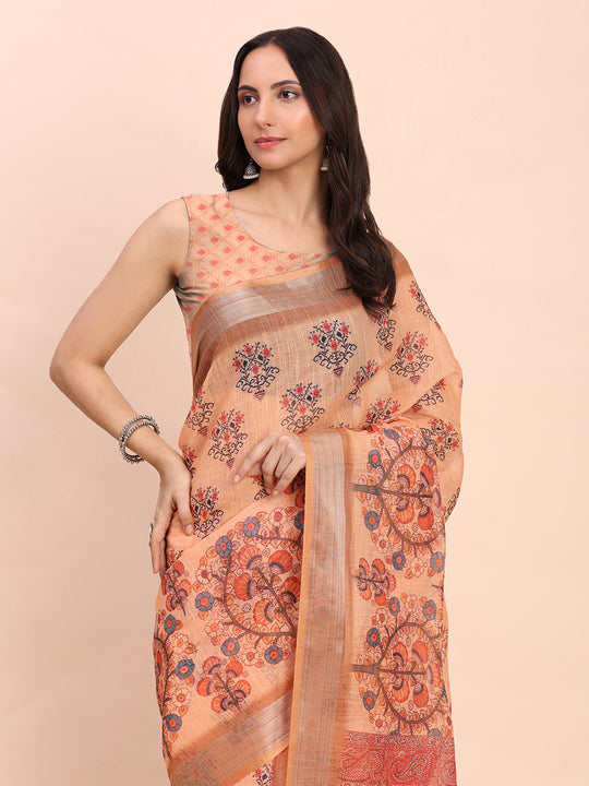 Orange COTTON CRUSH Linen Cotton Saree with Blouse Piece