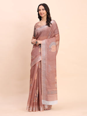 Brown COTTON CRUSH Linen Cotton Saree with Blouse Piece