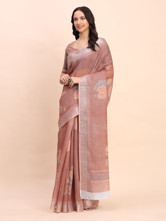 Brown COTTON CRUSH Linen Cotton Saree with Blouse Piece