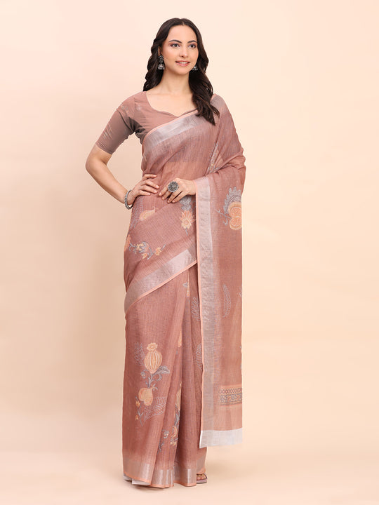 Brown COTTON CRUSH Linen Cotton Saree with Blouse Piece