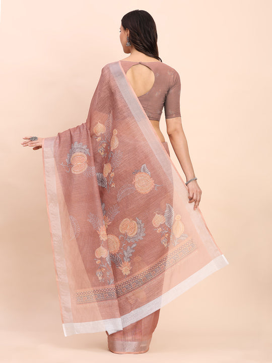 Brown COTTON CRUSH Linen Cotton Saree with Blouse Piece