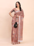 Brown COTTON CRUSH Linen Cotton Saree with Blouse Piece
