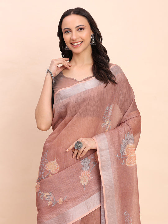 Brown COTTON CRUSH Linen Cotton Saree with Blouse Piece