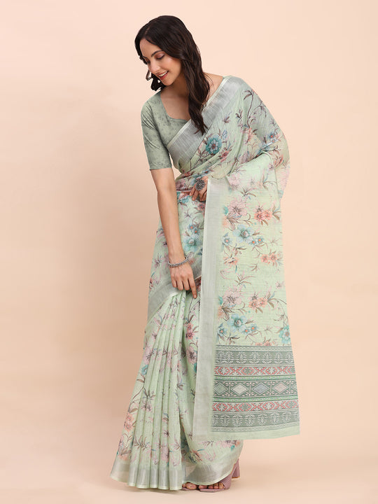 Light Green COTTON CRUSH Linen Cotton Saree with Blouse Piece