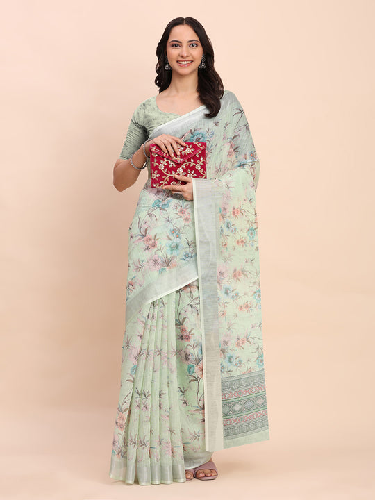 Light Green COTTON CRUSH Linen Cotton Saree with Blouse Piece