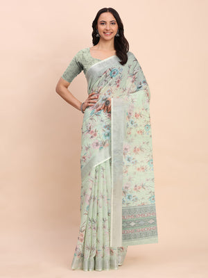 Light Green COTTON CRUSH Linen Cotton Saree with Blouse Piece