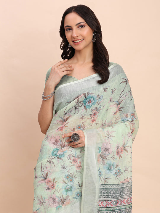 Light Green COTTON CRUSH Linen Cotton Saree with Blouse Piece