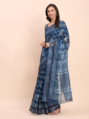 Indigo Blue COTTON CRUSH Linen Cotton Saree with Blouse Piece