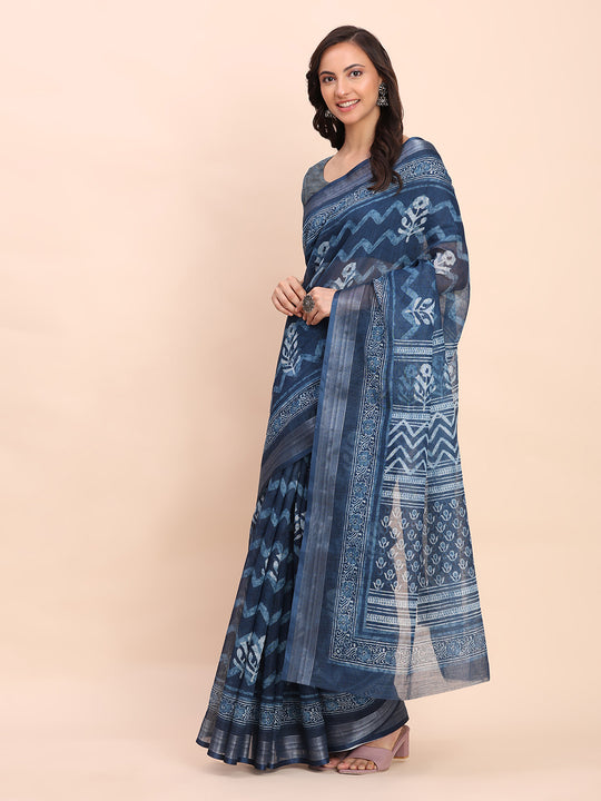 Indigo Blue COTTON CRUSH Linen Cotton Saree with Blouse Piece