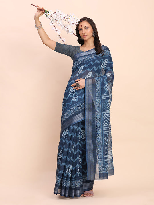 Indigo Blue COTTON CRUSH Linen Cotton Saree with Blouse Piece