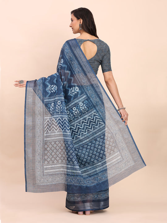 Indigo Blue COTTON CRUSH Linen Cotton Saree with Blouse Piece