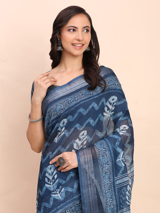 Indigo Blue COTTON CRUSH Linen Cotton Saree with Blouse Piece