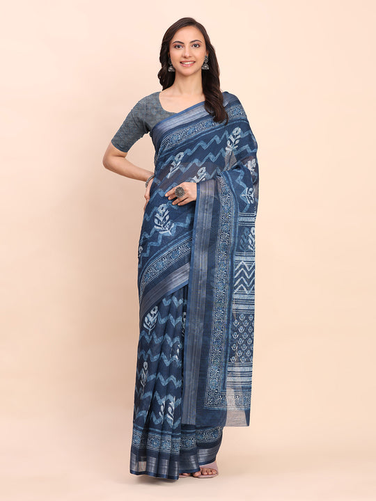 Indigo Blue COTTON CRUSH Linen Cotton Saree with Blouse Piece