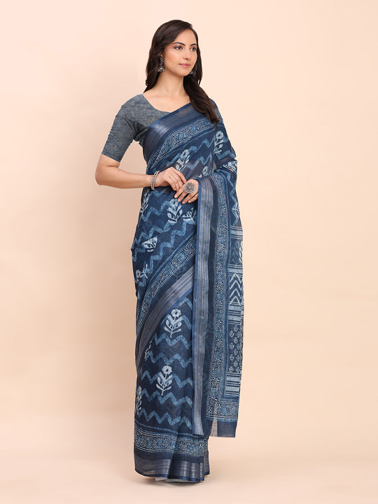 Indigo Blue COTTON CRUSH Linen Cotton Saree with Blouse Piece