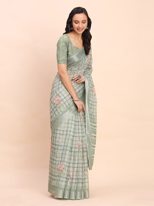 Light Green COTTON CRUSH Linen Cotton Saree with Blouse Piece
