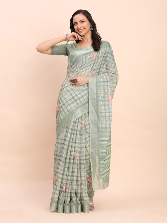 Light Green COTTON CRUSH Linen Cotton Saree with Blouse Piece