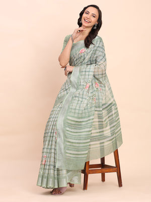 Light Green COTTON CRUSH Linen Cotton Saree with Blouse Piece