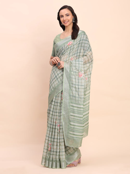 Light Green COTTON CRUSH Linen Cotton Saree with Blouse Piece