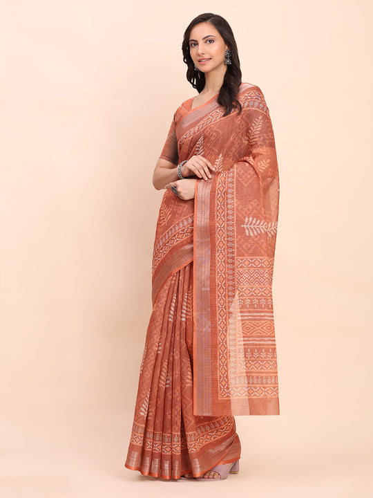 Rust SANSKRIT PRINTS Linen Cotton Saree with Blouse Piece