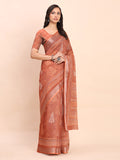 Rust SANSKRIT PRINTS Linen Cotton Saree with Blouse Piece