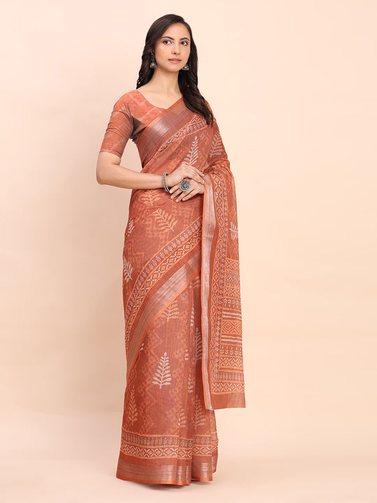 Rust SANSKRIT PRINTS Linen Cotton Saree with Blouse Piece