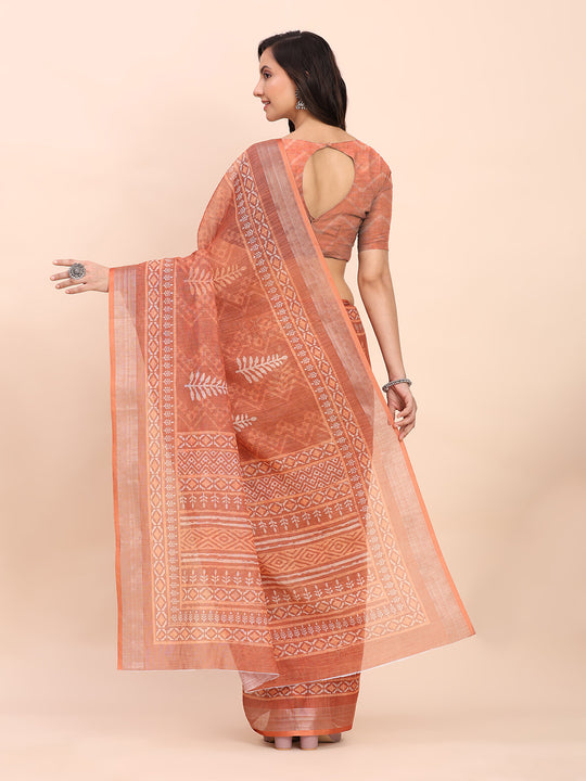 Rust SANSKRIT PRINTS Linen Cotton Saree with Blouse Piece