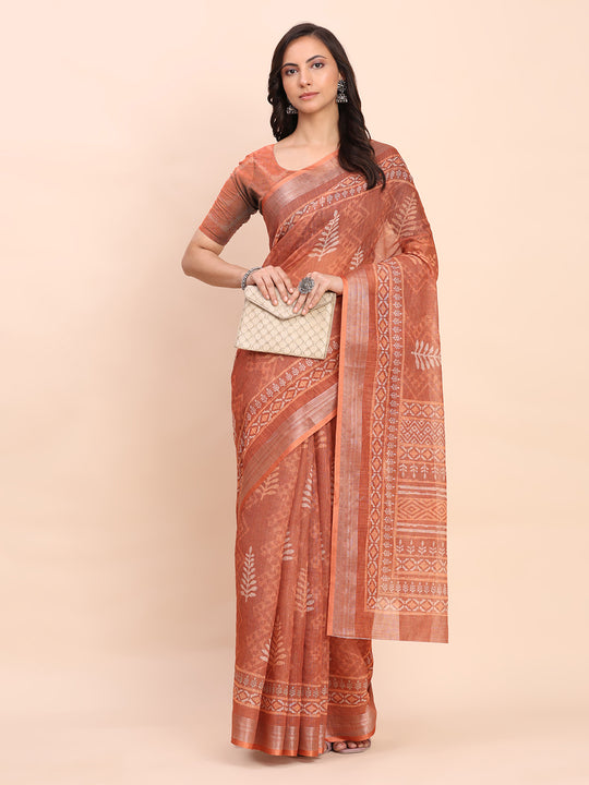 Rust SANSKRIT PRINTS Linen Cotton Saree with Blouse Piece