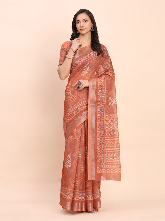 Rust SANSKRIT PRINTS Linen Cotton Saree with Blouse Piece