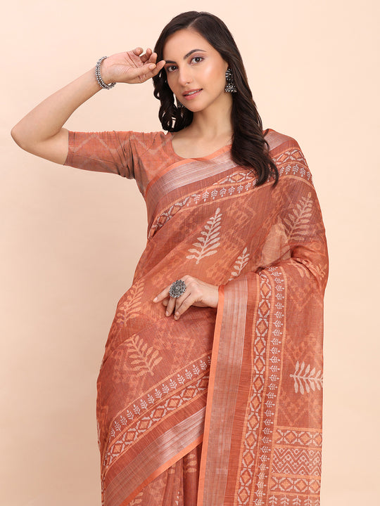 Rust SANSKRIT PRINTS Linen Cotton Saree with Blouse Piece
