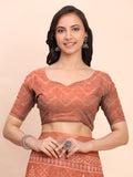 Rust SANSKRIT PRINTS Linen Cotton Saree with Blouse Piece