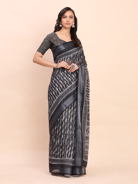 Black SANSKRIT PRINTS Linen Cotton Saree with Blouse Piece