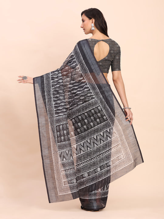 Black SANSKRIT PRINTS Linen Cotton Saree with Blouse Piece