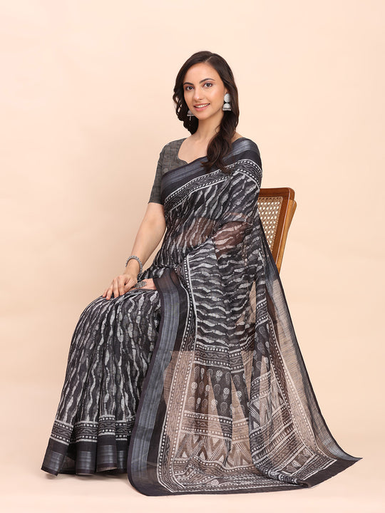 Black SANSKRIT PRINTS Linen Cotton Saree with Blouse Piece