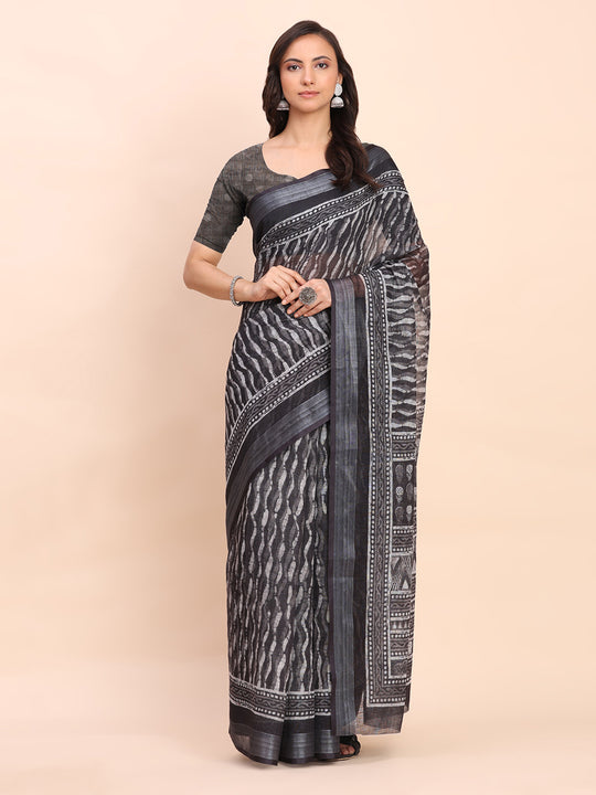 Black SANSKRIT PRINTS Linen Cotton Saree with Blouse Piece